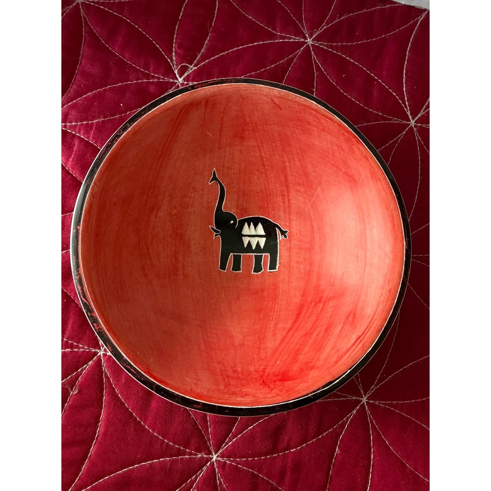 Handmade Kenya Soapstone Bowl Red Elephant Hand Painted African Folk Art 6 Inch